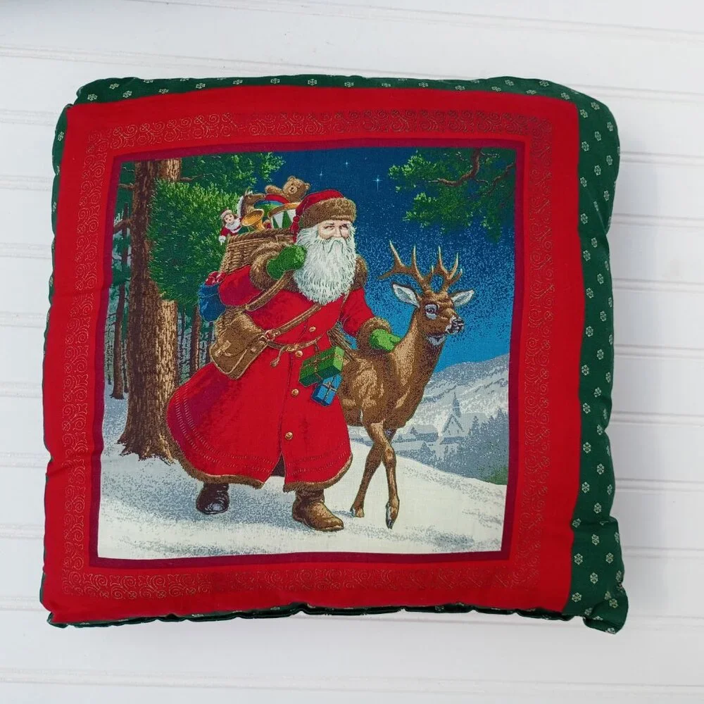 PAIR of Old World Santa Claus Throw Pillows Christmas Holiday Santa in Snow Vtg